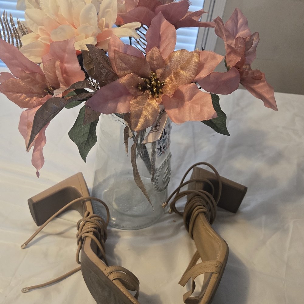 a new day Beige Lace-Up Block Heel Sandals